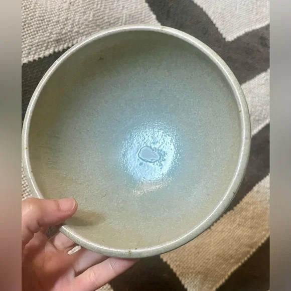 Studio Pottery Bowl Sage Green Drip Glaze Signed Ceramic Modern Coastal Neutral - Picture 2 of 9